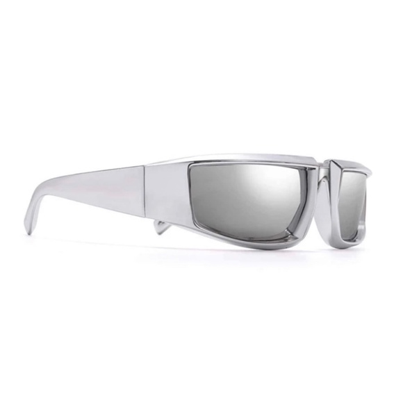 Y2K Trendy Wrap Around Silver Futuristic Unisex Rave Party Fashion Sunglasses - Picture 4 of 5